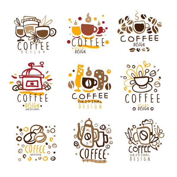 9 Kind hand drawn coffee logos vector set  