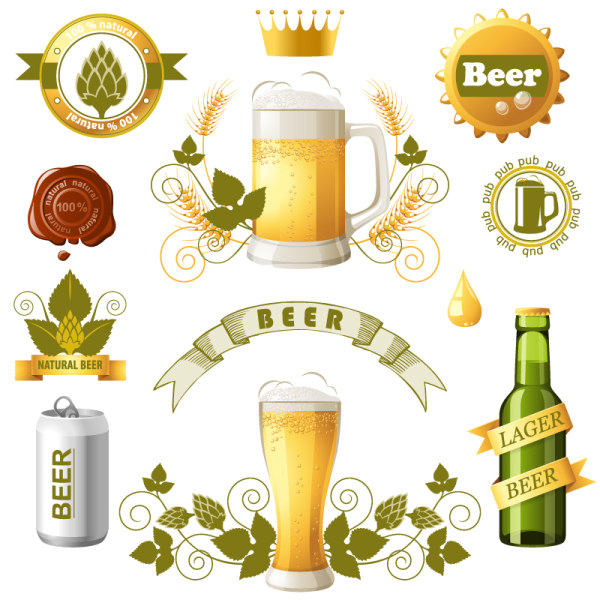 Beer bottles with beer labels vector material  
