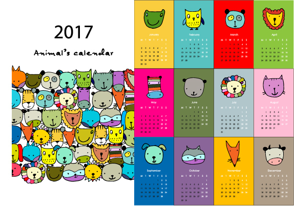 Calendar 2017 cartoon styles vector material 01  