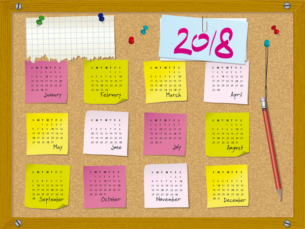 コルクボードベクトルを使用したカレンダー2018  