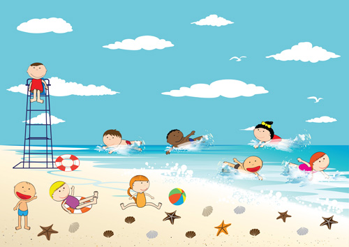 Children and beach summer background vector 06  