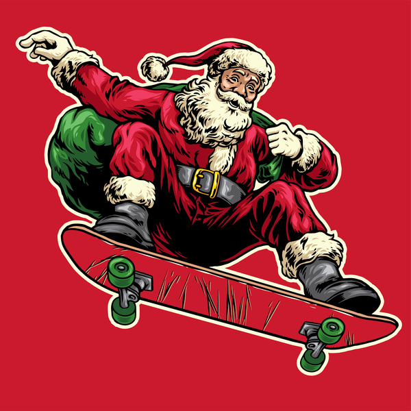 Weihnachtsgrußkarte mit Weihnachtsmann-Fahrskateboardvektor 03  