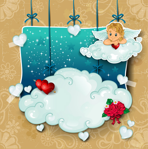 Romantic cupids with text cloud valentine day element vector 03  