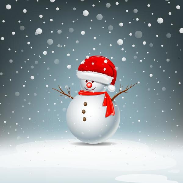 Bonhomme de neige mignon avec chapeau rouge et vecteur de flocon de neige  