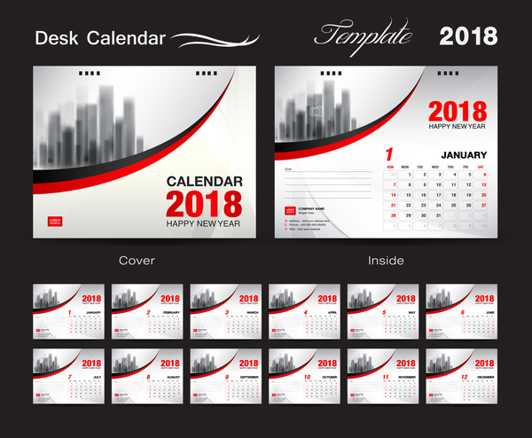 デスクカレンダー2018テンプレート、赤カバーベクトル07  