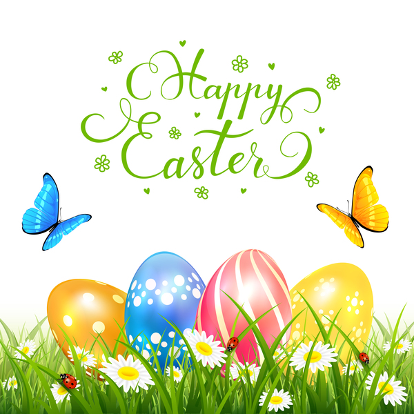 Easter eggs on grass and butterflies vector  