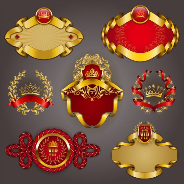 Gold crown VIP labels vector set 02  