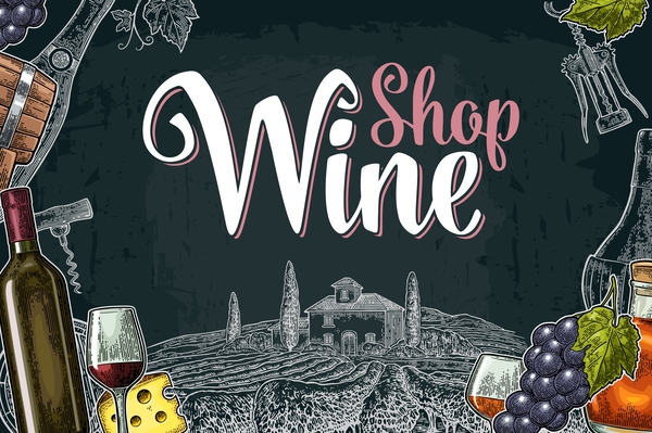 Hand drawn wine poster template with blackboard background vector 04  