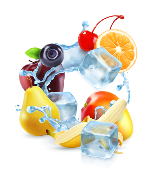 Multifruit with ice cubes and water splash vector 01  