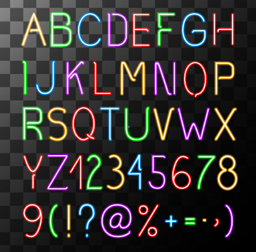 Neon alphabet with number fonts vectors 01  