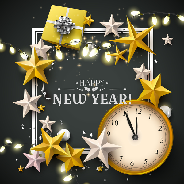 Sterne des neuen Jahres mit Geschenken und schwarzem Hintergrundvektor  