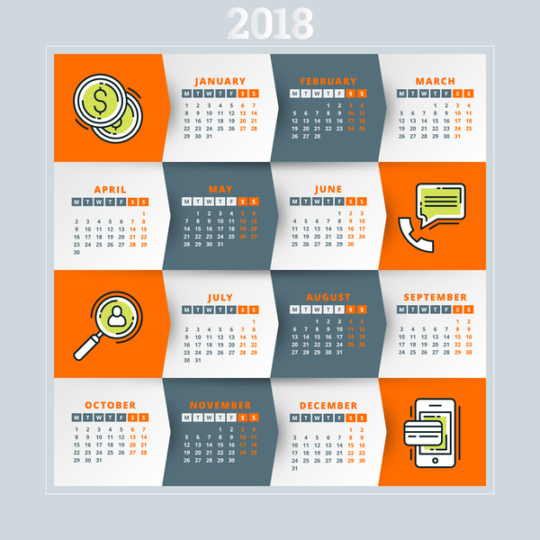 Orange mit grauen Kalenderschablonenvektoren 01 des Kalenders 201  