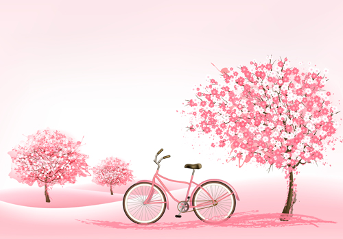 Pink tree with bike spring background vector 01  