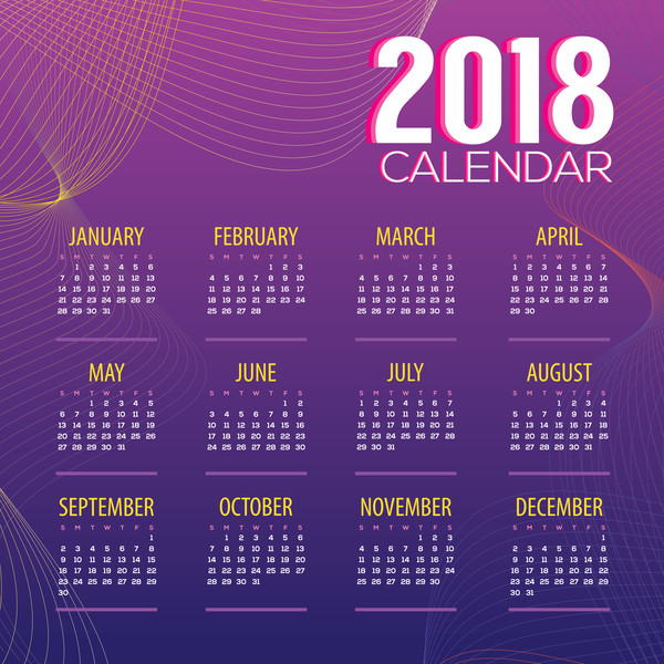 Calendrier 2018 violet avec le vecteur de lignes ondulées 01  