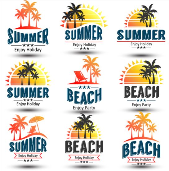 Summer holiday with palm labels vector set 02  