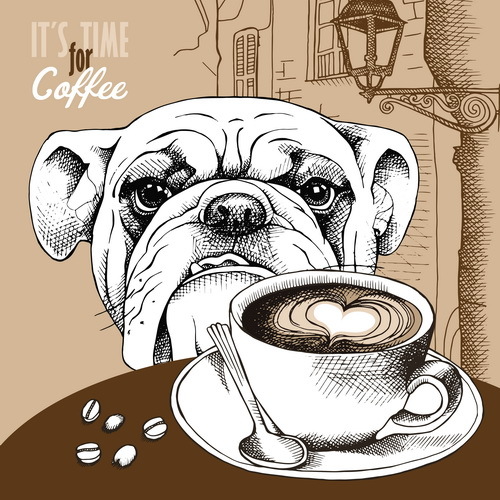 Weinlese-Kaffee mit europäischem Straßen- und Hundevektor  