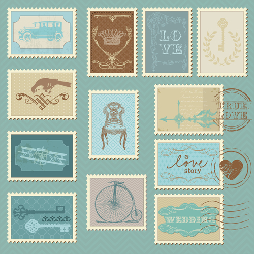 Wedding with love postage stamps vintage vector 03  
