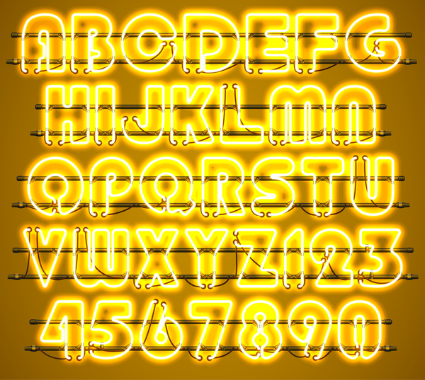 Yellow neon alphabet with numbers vector  