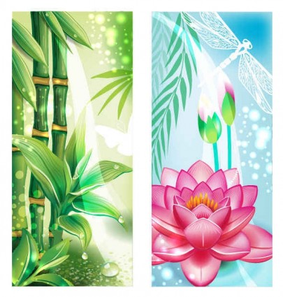 Bamboo with flowers banners vectors material  