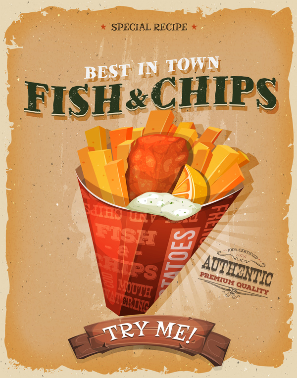 fish and chips poster and flyer retro vector  