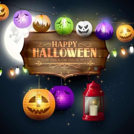 halloween labels with lantern night vector  