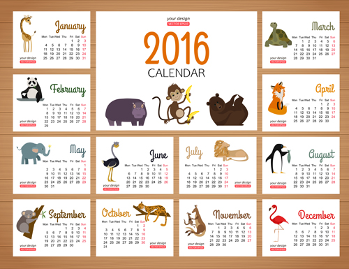 2016 calendars with wild animal vector  
