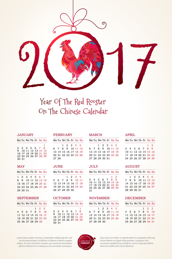 2017 chinesischer Kalender mit rotem Hahn Vektor 03  