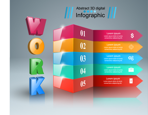 3d work five box infographic vector 01  