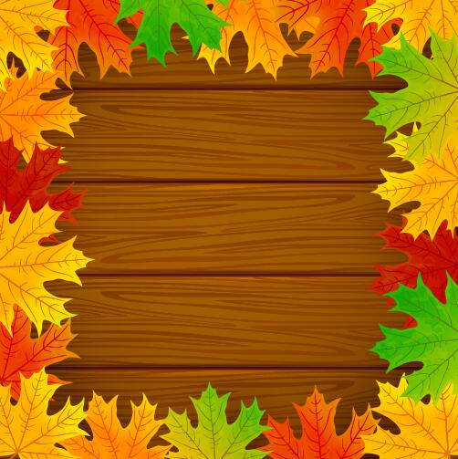 Осенние листья рамка с деревянным вектором фона 01  