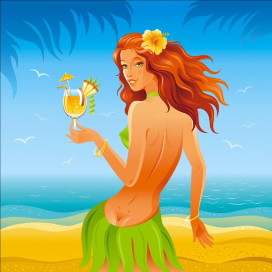 Красивая девушка с летним пляжем фон вектор 01  