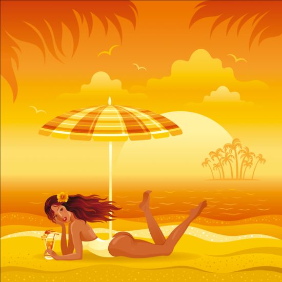 Красивая девушка с летним пляжем фон вектор 02  
