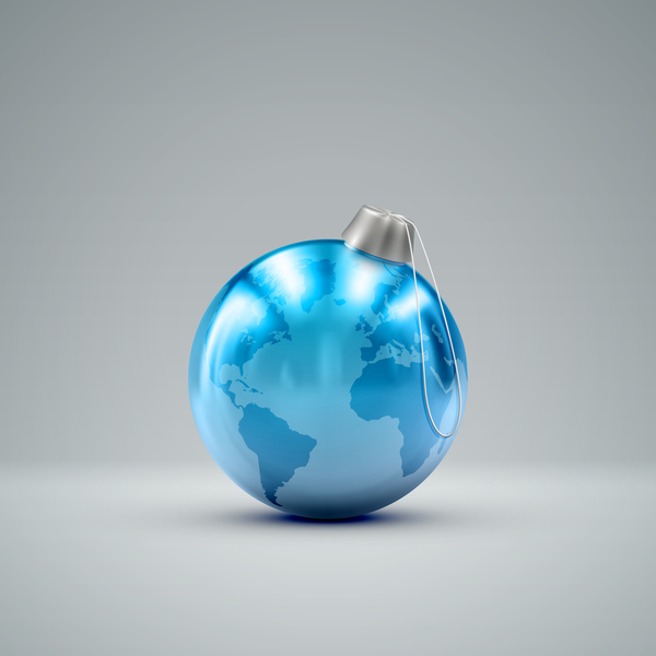 Blue christmas ball with world map vector  