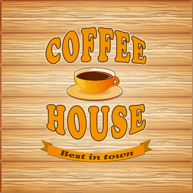 Coffee poster with wooden background vector 01  