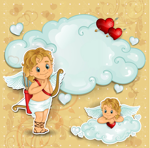 Romantic cupids with text cloud valentine day element vector 02  