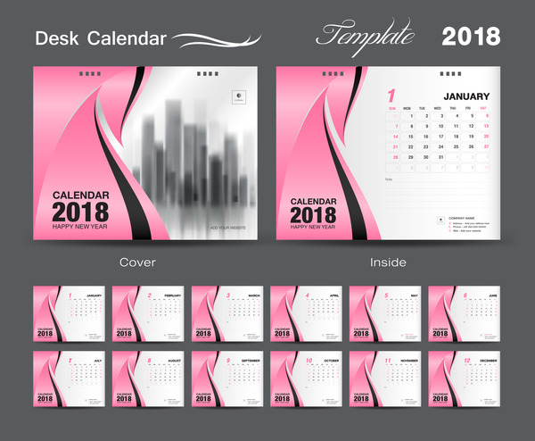 Conception de modèle de bureau calendrier 2018 avec vecteur de couverture rose 04  