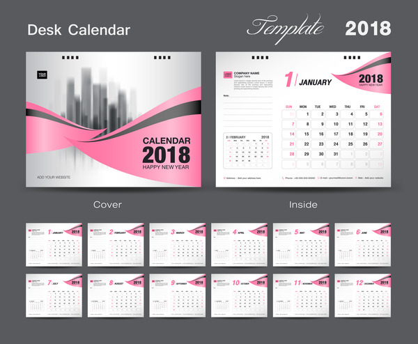 Tischplattenentwurf des Tischkalenders 2018 mit rosa Abdeckungsvektor 13  