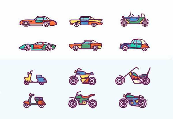 Hand drawn motorcycles and cars icons  