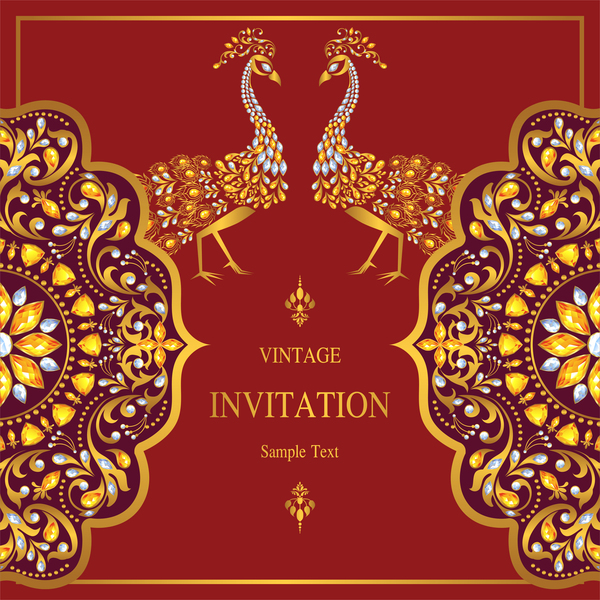 Peacock with vintage invitation card luxury vector 03  