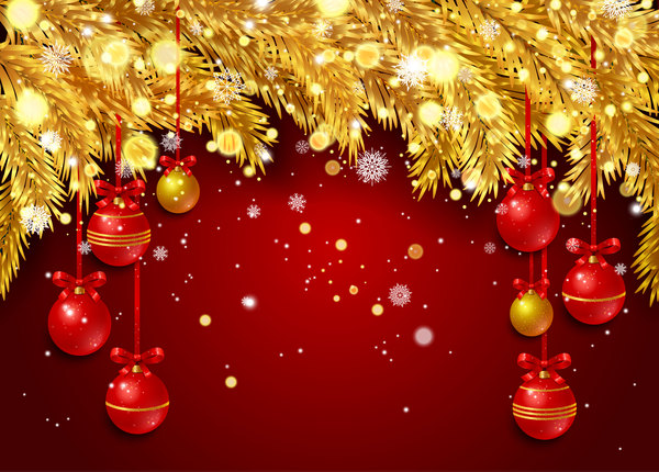 Red christmas background with golden pine needles vector 01  