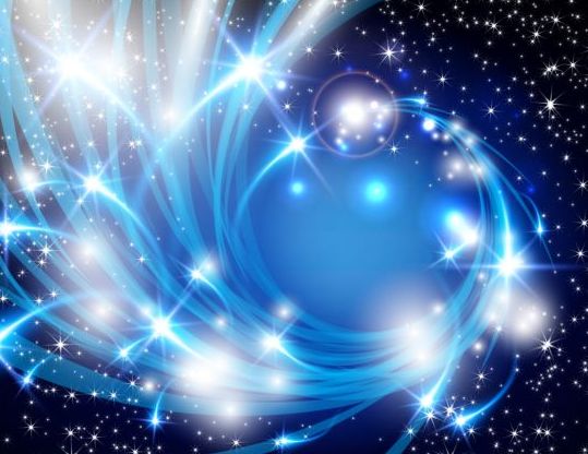 青い抽象的な背景ベクトルを持つ光沢のある星の光  