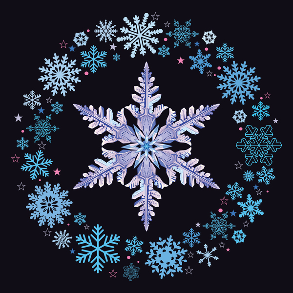 Snowflake shape with snow frame on black background vector 03  