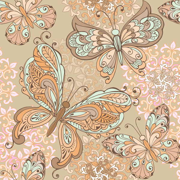 装飾的な蝶とパステル色の背景ベクトルとヴィンテージのシームレスなパターン  
