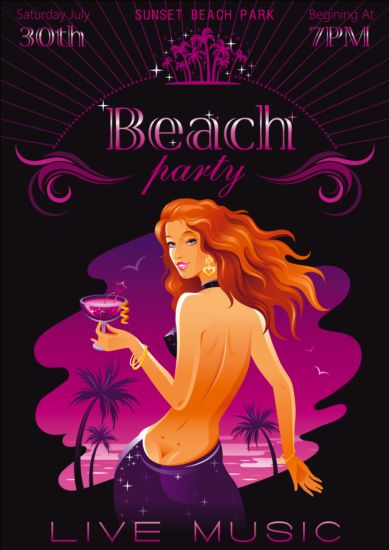 Пляжная вечеринка плакат с красивой девушкой вектор 07  