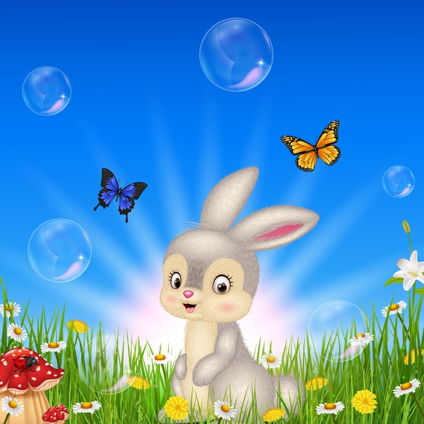 Butterflies with rabbit and spring grass vector  