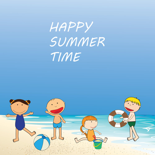 Children and beach summer background vector 05  