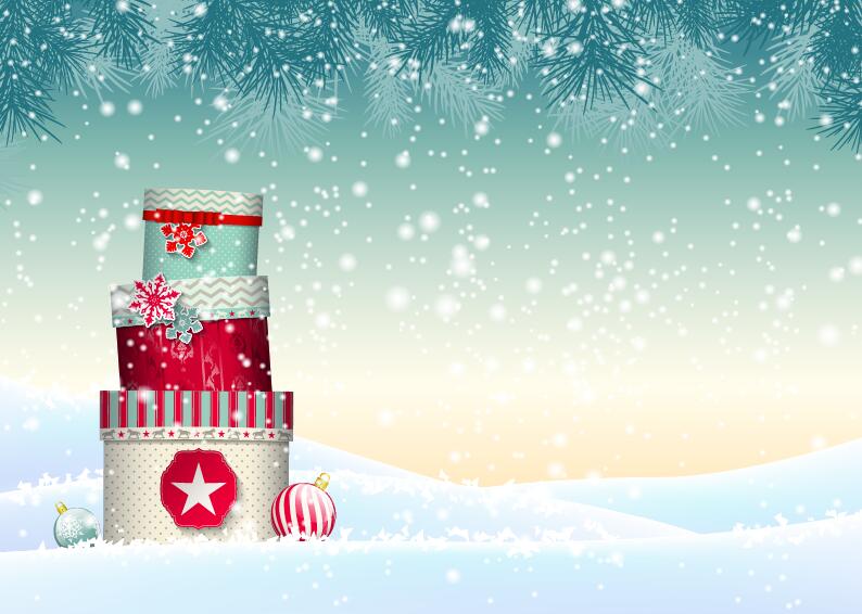 Chrishtmas gift box with winter snow background vector 03  