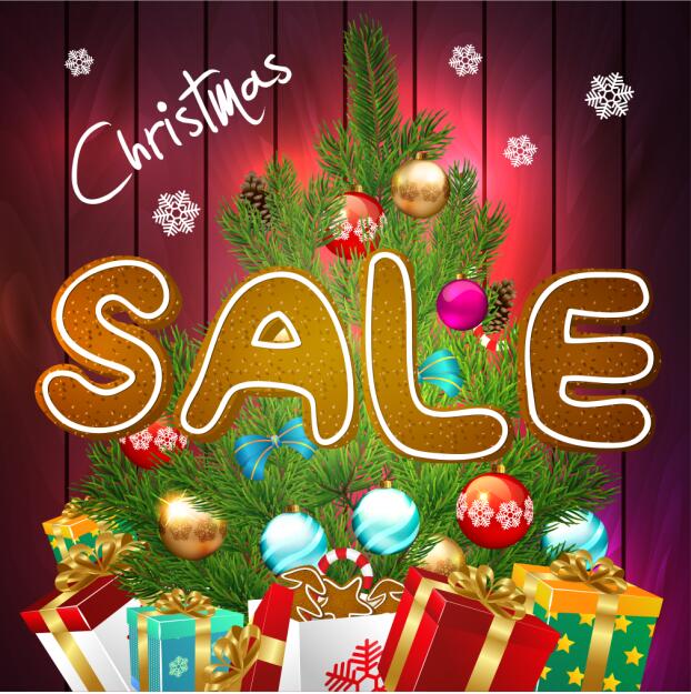 Christmas sale poster with gift and baubles vector  