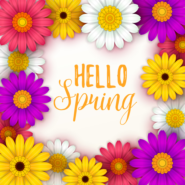 Farbige Blume mit hallo Frühlingshintergrundvektoren 03  