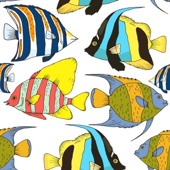 サンゴ礁の魚たち手の描かれたベクターのシームレスなパターン 20  