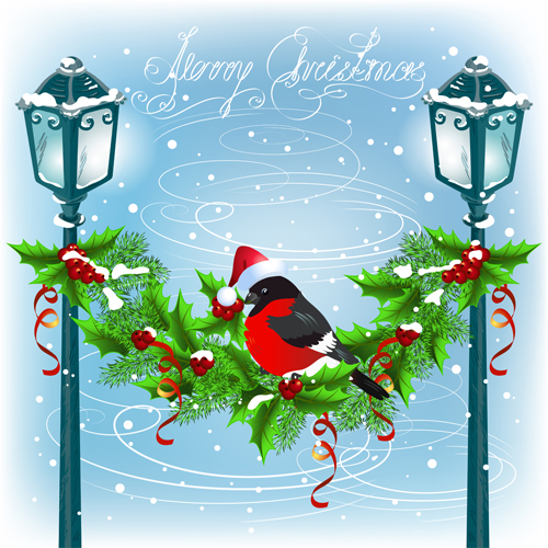Cute bird with christmas background vector 01  